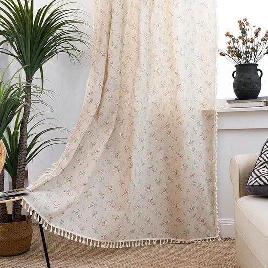 Sutuo Home Florals Boho Farmhouse Curtains, Semi-Blackout Drape Bohemian Window Treatment Cotton Linen Panel with Tassels for Bedroom Living Room, Rod Pocket, 1 Panel 59" W x 84" L