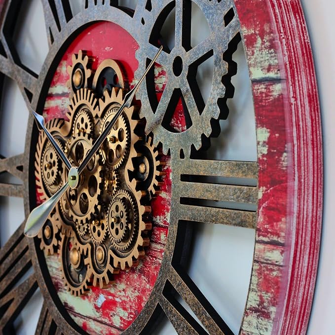 The Gears Clock 36'' Inch Real Moving Gear Wall Clock Vintage Industrial Oversized Rustic Farmhouse (Red Lava)
