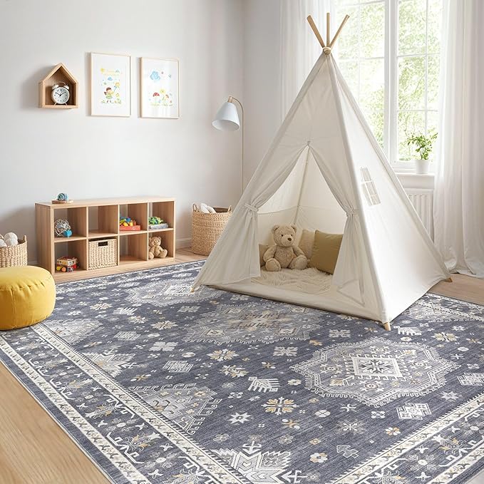 Washable Area Rugs for Living Room -10x14 Neutral Vintage Distressed Floral Farmhouse Boho Large Soft Floor Rug Indoor Non Slip Carpet for Living Room Bedroom Dining Room Office - Denim Blue/Grey