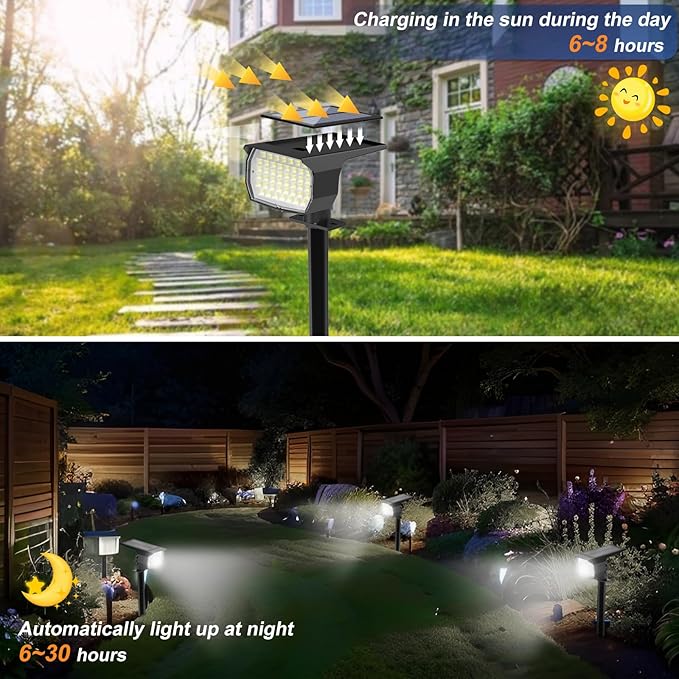 Solar Spot Lights Outdoor Waterproof IP65, 2 Pack Landscape Spotlights with 46 LEDs, 3 Modes Auto On/Off Solar Powered Flood Lights for Outside Pathway, Yard, Garden, Walkway (Cool White)
