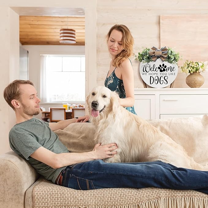 Asoulin Welcome Wreath 'We Hope You Like Dogs' Spring Decor Farmhouse Door Sign for Front Door Decor - Welcome Wreath Hanging Sign for Dogs Lovers Housewarming Gift