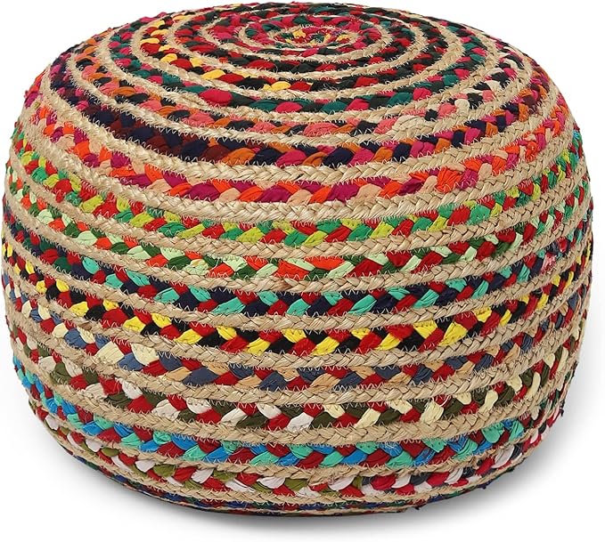 REDEARTH Round Pouf Ottoman - Braided Boho Poof Home Décor Pouffe Accent Sitting Circular Foot Rest for Living Room, Bedroom, Nursery, Kidsroom, Lounge; Jute and Cotton (19.5"x19.5"x14"; Multi)