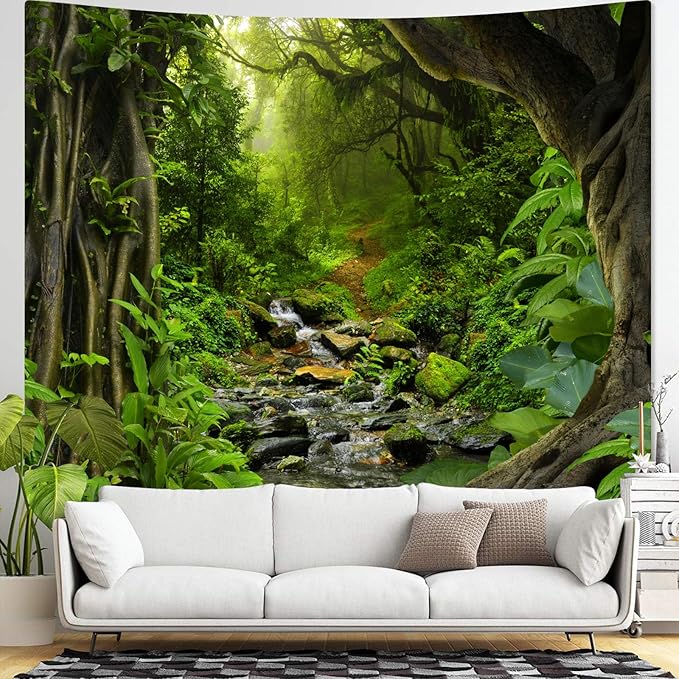 AMM Green Rainforest Tapestry Nature Forest Tapestry for Bedroom Aesthetic Misty Tropical Jungle Trees Flowing Stream Landscape Tapestries Wall Hanging for Living Room Dorm 80 x 60 Inch