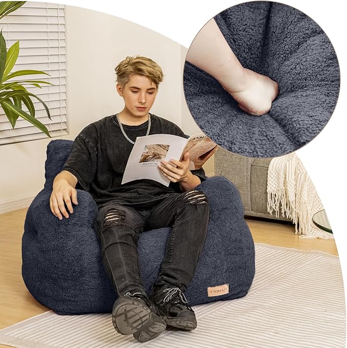 Bean Bag Chair with Filler, Bean Bag Sofa with Tufted Soft Stuffed Filling, Fluffy and Lazy Sofa, Comfy Cozy BeanBag Chairs with Memory Foam for Dorm, Apartment, Living Room (Blue)