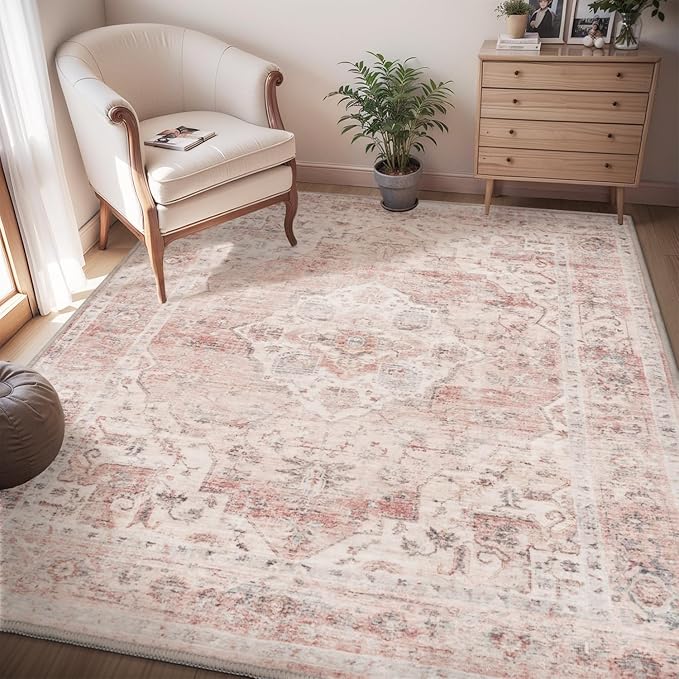 AMOAMI 4x6 Soft Vintage Area Rug - Non-Slip Washable Rug for Living Room, Bedroom, Dining Room, Office - Pink