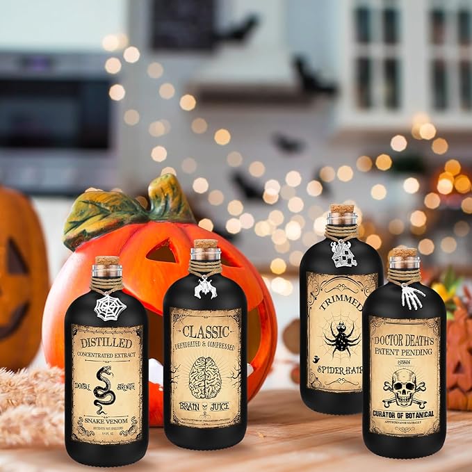 Uiifan 31 Pcs Halloween Potion Bottles Set Including Glass Apothecary Bottles with Cork Stickers and Pendants Halloween Decorations Indoor Party Supplies (Black,8.5 oz)