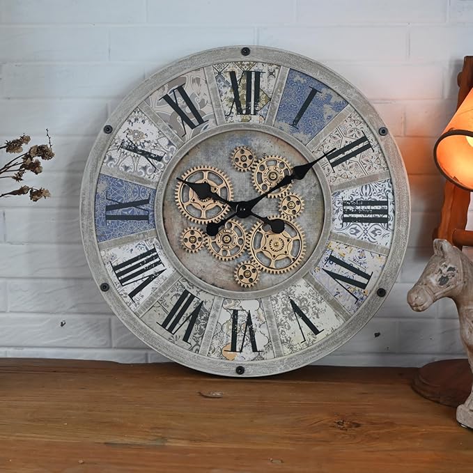 Unique Moving Gear Large Wall Clock 21inch-Battery Powered. Retro Industrial Steampunk Country Farmhouse Decor for The Living Room Kitchen Bars cafes Offices(whith/metal/21)