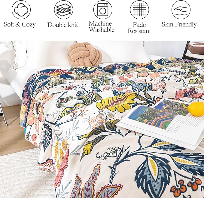 Snycler Boho Throw Blanket for Bed, 100% Organic Cotton Muslin Soft Throw-Floral Farmhouse Rustic Spring Summer Fall Decor Blanket for Couch Sofa Quilt and Gift, 80" x 90" White