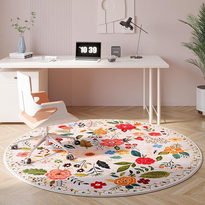 Round Rug 4ft Washable Circle Rug Non Slip Low Pile Boho Floral Small Circular Rug for Bedroom, Bathroom, Entryway, Kids Room, Office, College Dorm(Beige)
