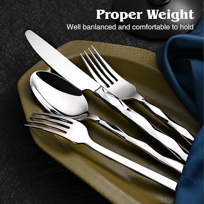 KINGSTONE Silverware Set, Luxury 60 Piece Flatware Set for 12, 18/10 Stainless Steel Cutlery Set with Diamond Cut Pattern for Kitchen, Home, Wedding, Party, Mirror Polished and Dishwasher Safe