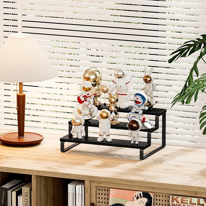 Giikin 3 Tier Spice Rack, Cabinet Organizer Shelf, Wooden Spice Rack for Countertop, Kitchen Counter Storage Shelves Cupcake Stand Holder Display Stand, Black