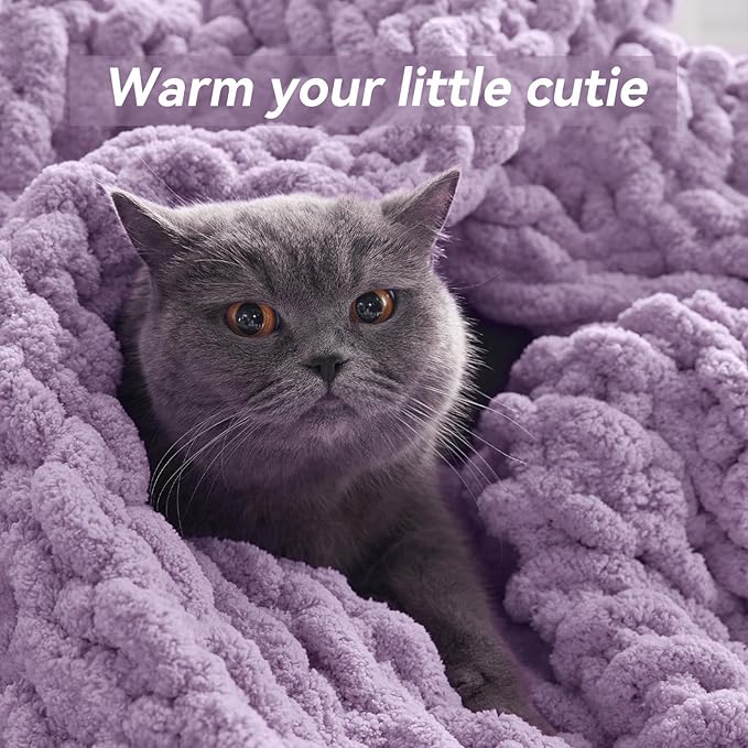 Chunky Knit Throw Blanket, 60''*80'' Knitted Throw Chenille Yarn for Bed Couch, Handmade Light Purple Crochet Big Thick Blanket, Machine Washable Cute Comfy Blanket for Home Decor
