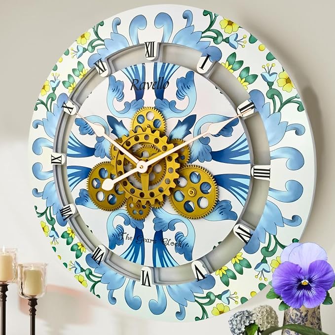 The Gears Clock Wall Clock Italy Collection with Moving Gears (Ravello, 24 inch Round)
