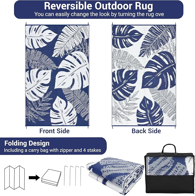GAOMON Patio Rugs Outdoor 8x10 Waterproof Reversible Plastic Straw Rug Modern Patio Carpet, Foldable Lightweight RV Camping Mat with Portable Bag & 4 Stakes, UV Resistant & Sturdy for Picnic, Blue