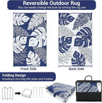GAOMON Large Outdoor Plastic Rug 10x14 Waterproof Straw Rug Reversible Foldable Camping Mat with Stakes & Bag, Modern Tropical Leaf Farmhouse Outside Carpet for Patio RV Garden Deck, Blue