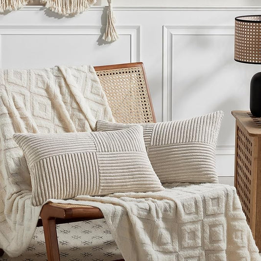 Fancy Homi 2 Packs Neutral Taupe Lumbar Decorative Throw Pillow Covers 12x24 Inch for Living Room Couch Bed Sofa, Farmhouse Home Decor, Soft Striped Corduroy Rectangle Accent Cushion Case 30x60 cm