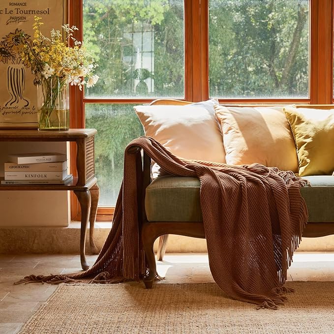 lifein Throw Blanket for Couch, Soft Boho Decor Bed Throw,Cozy Brown Knitted Chenille Small Farmhouse Lightweight Throw for Spring(Golden Brown,60 * 80")