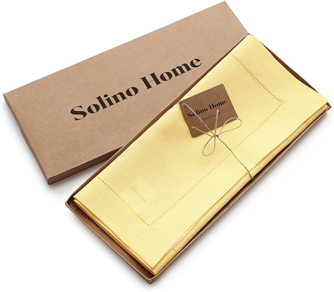 Solino Home Linen Yellow Table Runner 60 Inches - Classic Hemstitch, 100% Pure Linen Coffee Table Runner 14 x 60 Inch Ideal for Dresser Tables