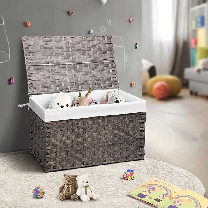 Wicker Storage Basket with Lid, 42.3 Gallon (160L) Large Blanket Basket with Lid, Woven Storage Bin with Handles, Removable Liner, Metal Frame, Foldable, for Bedroom, Laundry Room, Grey