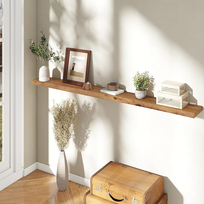 72" Floating Shelves, Live Edge Elm Wood Floating Shelf for Wall, Wall-Mounted Display Shelves with Invisible Heavy-Duty Bracket, Long Floating Shelf for Bathroom, Kitchen, Living Room, Natural Color