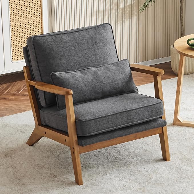 Karl home Accent Chair Wide Armrest Mid-Century Lounge Chair Linen Fabric Armchair with Lumbar Pillow & Solid Wood Frame for Living Room, Bedroom, Balcony, Gray