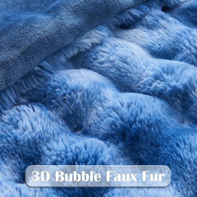 NEWCOSPLAY Faux Fur Twin Blanket Indigo Luxury Fluffy Thick Warm Bubble Blanket for Couch Sofa Bed 700GSM (Indigo, Twin(60"x80"))