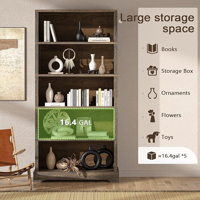 TVU 5-Shelf Wood Bookcase, 65 Inch Tall Bookshelf with Storage, Floor Standing Display Book Shelf, for Living Room Bedroom Study Office, Rustic Brown