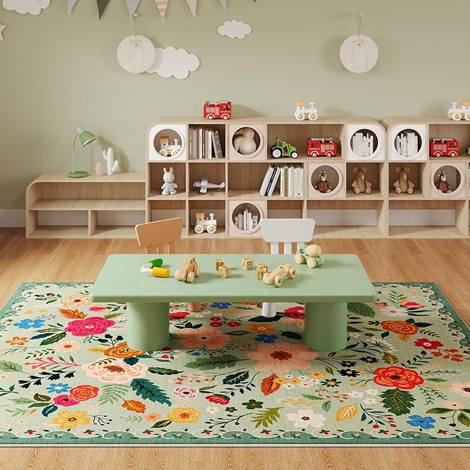 Area Rugs 8x10 Rug for Living Room Clearance Washable Boho Area Rug Non Slip Floral Vintage Low Pile Large Rug for Living Room, Bedroom, Farmhouse, Dining Room, Kids Playroom(Green)