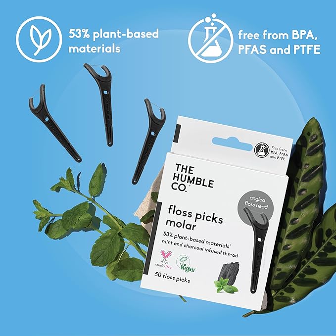 The Humble Co. Floss Picks (200 Count) – Plant Based Dental Floss Picks with Grip Handle for Superior Oral Care, Dental Hygiene, and Gum Health, Cruelty Free Tooth Floss Picks (Charcoal)