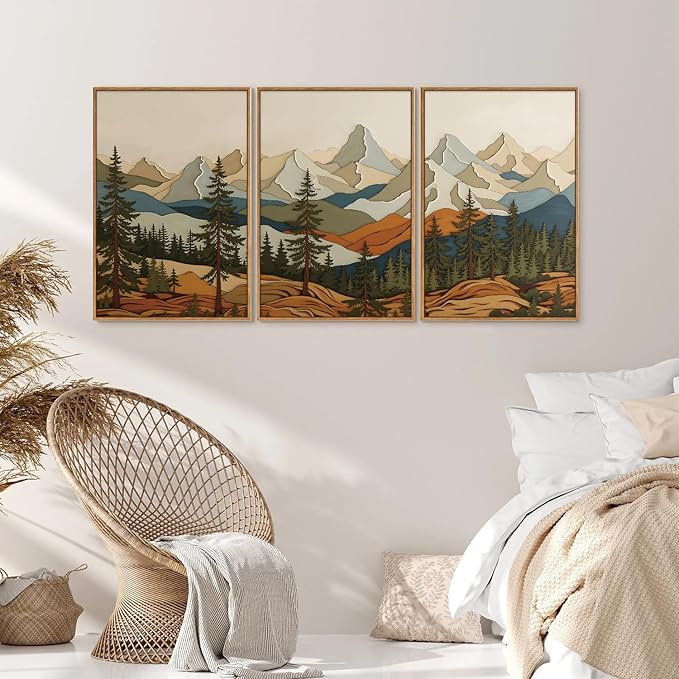 SIGNINART Vintage Mountains Framed Canvas Wall Art, Wooden Forest Wall Decor, Green Wood Pine Trees Wilderness Artwork, Metal Ridge Landscape Art Paintings for Living Room Bedroom Office 16"x24"x3
