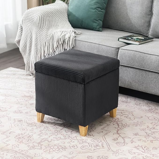 Adeco 18 Inch High Faux Fur Grey Cube Ottoman Storage, Fluffy Striped Velvet Chair Foot Stools, Small Bench Upholstered Vanity Stool with Hinged Lid, Solid Wood Legs