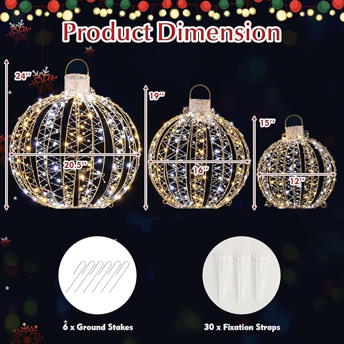 Tangkula Christmas LED Light Balls for Tree (3 Pack), Outside Lighted Sphere with 180 Warm White & 180 Cold White Lights, Holiday Lighted Decorations, Christmas Sphere Balls for Indoor Outdoor Decor