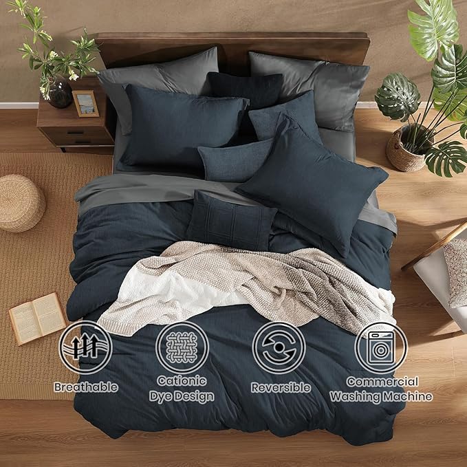 Monbix California King Comforter Set - 7 Pieces Cationic Dyeing Navy Blue Bed in a Bag Cal King Bedding Sets with Comforter, Sheets, Pillowcases & Shams, Reversible Bedding Comforters Sets(108 * 92)