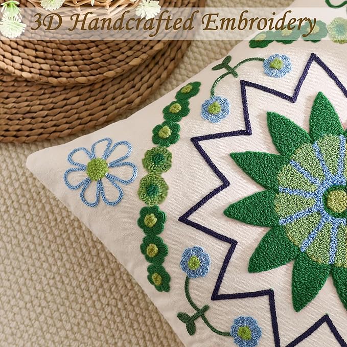 Embroidered Throw Pillow Cover 18x18 Classic Boho Floral Pattern Pillows Cover Outdoor Decorative Pillowcase,Durable Cozy Textured Cushion Case for Sofa Couch Bed Living Room,Green