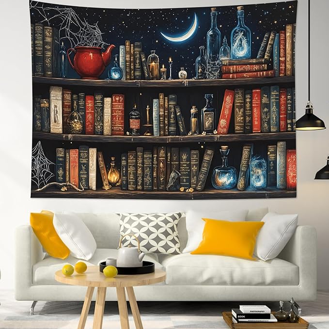 LB Fantasy Bookshelf Tapestry, Horror Spider and Vintage Book with Moon Wall Tapestry for Bedroom Aesthetic, Trippy Galaxy Wall Art for Living Room Dorm Home Decor Ready to Hanging, 92.5 x 70.9 Inches
