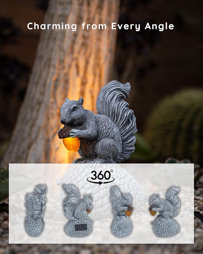 Solar Garden Statue – Hand-Painted Resin Squirrel on Pinecone with Glowing LED Acorn – Charming Yard, Patio & Balcony Decor – Gift for Mom, Grandma & Garden Lovers