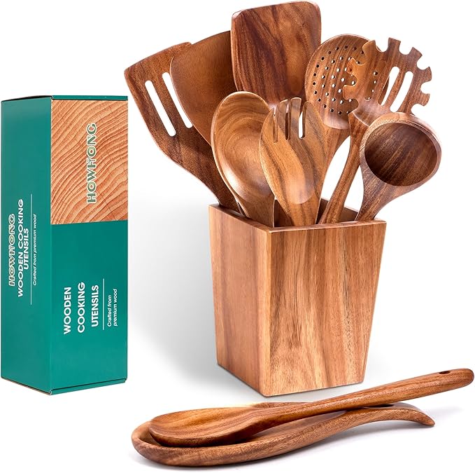 Wooden Spoons for Cooking, Acacia Wood Cooking Utensils Set – 11 Piece Wooden Kitchen Tools with Holder, Spoon Rest, Nonstick Cookware Safe by HOWHONG