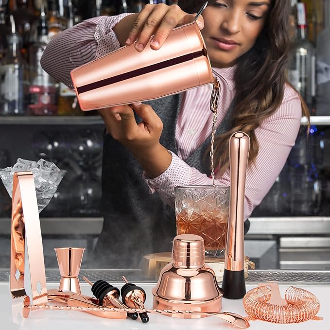 Cocktail Shaker Set, Mixology Bartender Kit 10-Piece Bar Tool Set with Stylish Bamboo Stand, Bar kit: Matini Shaker Mixing Spoon Muddler Jigger Cocksrew for Barware Set | Rose