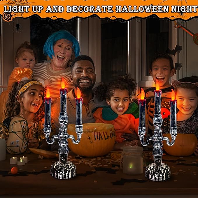 TURNMEON 2 PCS Skull Halloween Candles Lamp,Halloween Decorations Indoor 3-Candles Candelabra LED Lights Battery Operated Candles Holder, Halloween Decor for Home Table Party Room Scary Haunted House