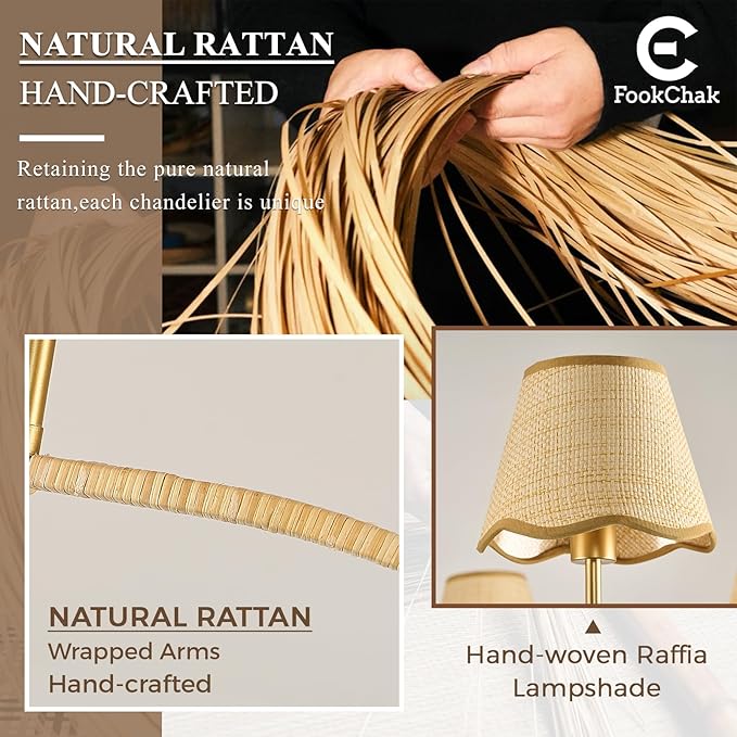 6 Light Boho Rattan Chandelier 44'' Brass Gold Chandelier Light Fixture Hand Woven Dining Room Chandeliers for Entryway Bedroom Living Room Bathroom