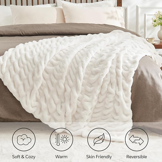 BEDELITE Faux Fur Throw Blanket for Couch, Soft and Cozy Boho Ruched Fluffy Blanket, Warm Plush Fuzzy Faux Rabbit Fur Blanket for Women Gift (Cream, 60"x 80")