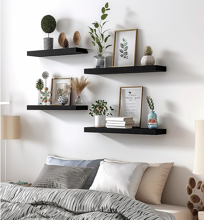 Wood Floating Shelves for Wall Decor, Rustic Wall Shelves for Bedroom Bathroom Kitchen Living Room, Set of 6 Black