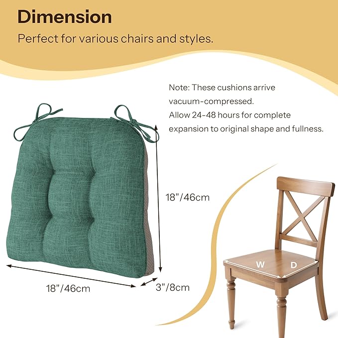 Non Slip Chair Cushions for Dining Chairs Set of 4 Kitchen Chair Cushions 18"x18"x3" Turfted Chair Pads Comfortable and Soft Seat Cushion with Ties, Dark Green