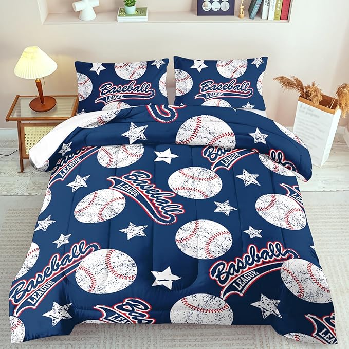 Baseball Comforter Set Queen,Sports Bedding Sets for Boys,Blue Sports Comforter Queen Bedroom Decor,Baseball Bedding Teen for All Seasons,Blue Quilt Kids Bedroom Decor