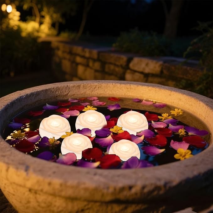 Aignis 6pcs Flameless LED Floating Candles, White Rose Plastic Tealights Battery Operated, 120+ Hours Glow Time, Cozy Light for Romantic Pool/Bathtub/Hot Bath/Wedding Centerpiece Decor(D2.83*H1.42)