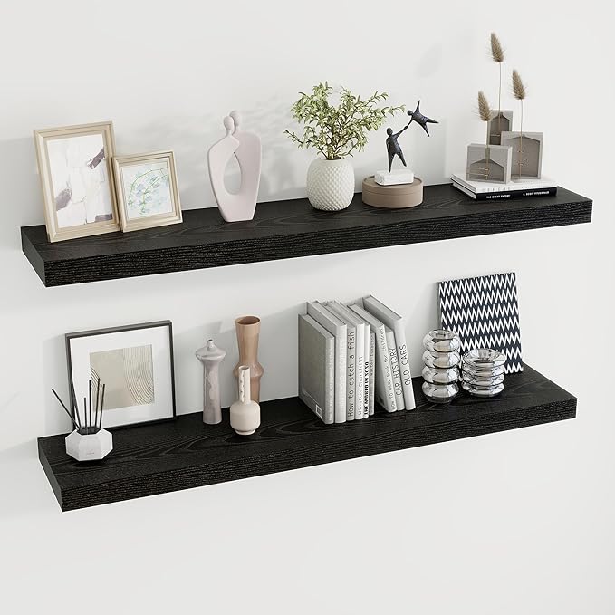 48 inch Floating Shelves for Wall Large Wall Mounted Shelves with Invisible Brackets, Black Long Shelves for Bathroom, Living Room, Kitchen, Office, 48x9.1 inch deep Set of 2