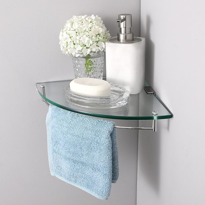KES Glass Corner Shelf Bathroom Shelf Tempered Glass with Rail SUS 304 Stainless Steel Floating Wall Mount Bracket Polished Finish, BGS2101A