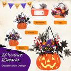 Halloween Pumpkin Decorations, Lighted Jack-O-Lantern with Maple Leaves Berries Black Cat, Halloween Door Sign Wood Pumpkin Lights for Front Door Indoor Outdoor Yard Party Cartoon Hanger Decor