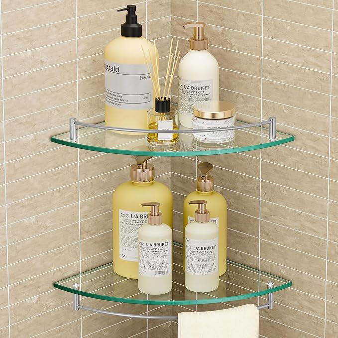 KES Glass Corner Shelf for Bathroom Corner Shelf 2 Pack Tempered Glass Shelf with Rail SUS 304 Stainless Steel Wall Mounted Brushed Finish, BGS2101A-2-P2