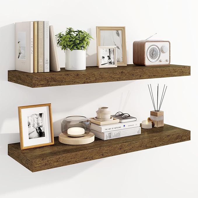 Marsmiles 31.5" Floating Shelves for Wall, Wooden Shelves with Invisible Brackets Set of 2, Rustic Farmhouse Wall Mounted Shelf for Kitchen Bathroom Living Room Study, Rustic Brown